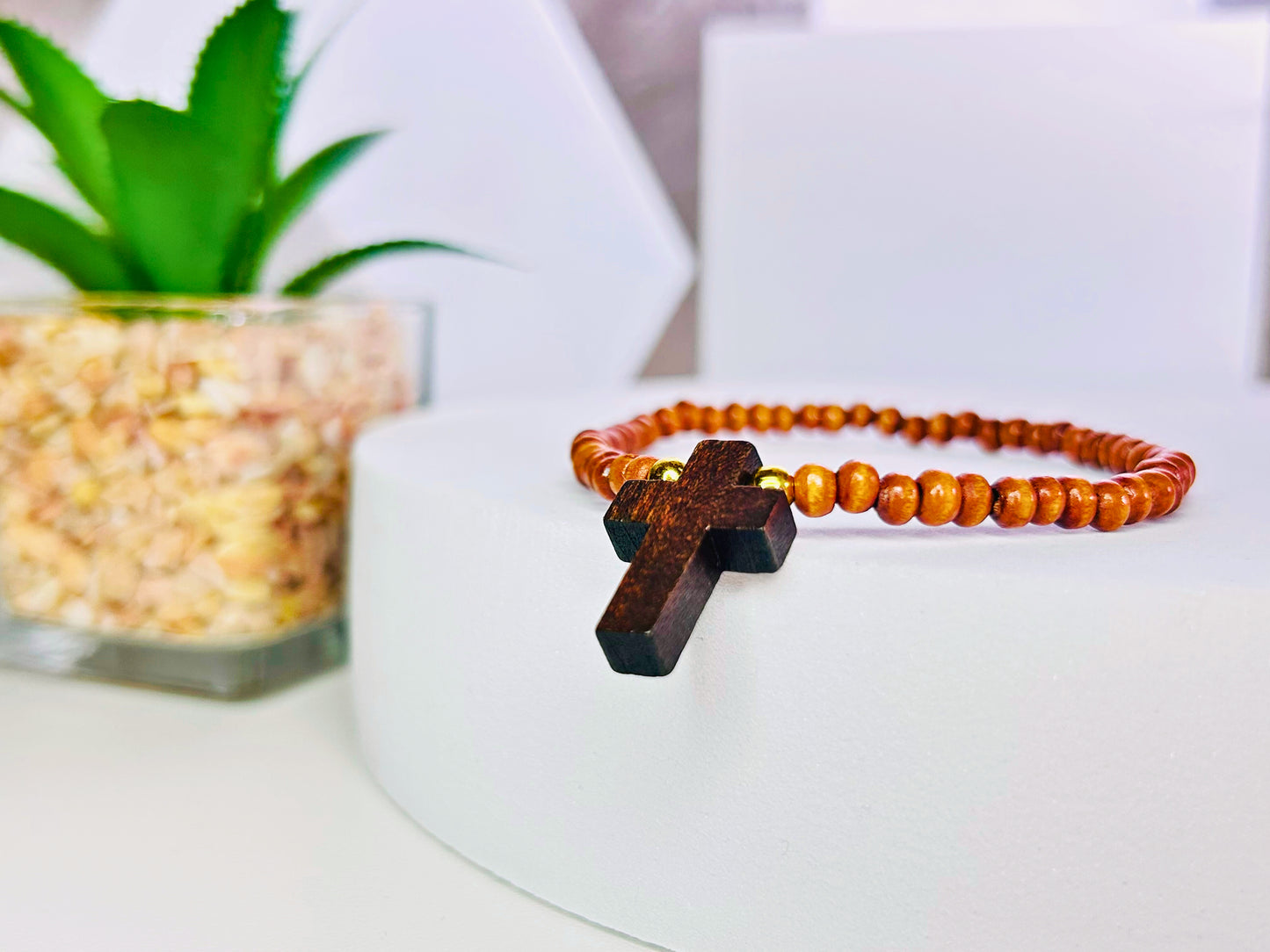 Wood Bead Cross Bracelet