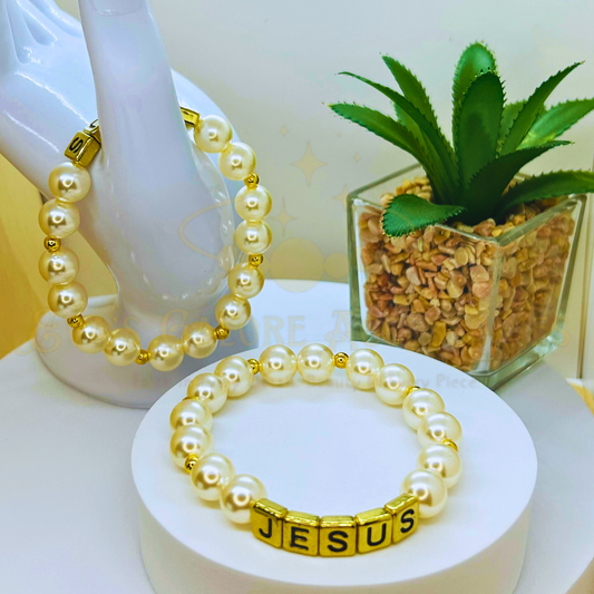 Golden Grace Jesus Beaded Pearl Bracelet