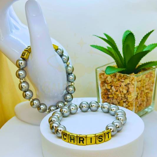 Silver Christ Statement Faith Pearl Bracelet